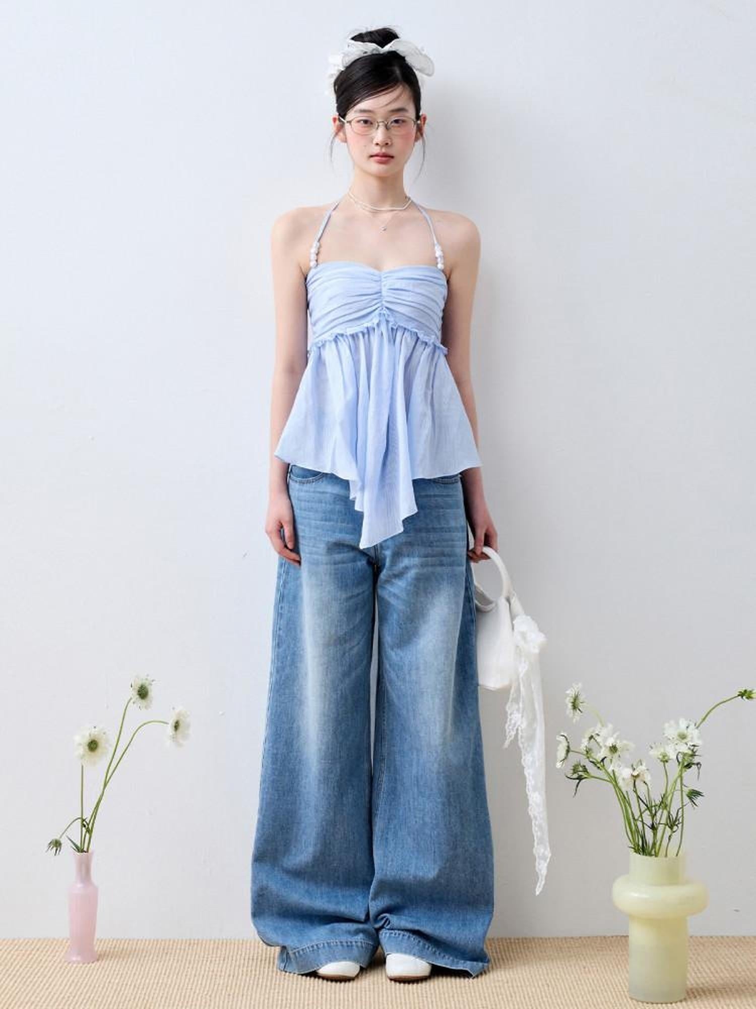 Luamoss Lightweight Casual Zip Fly Natural Waist Loose Fit Iceland Blue Wide Leg Jeans
