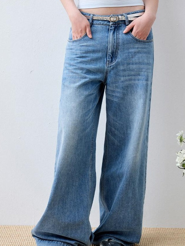 Luamoss Lightweight Casual Zip Fly Natural Waist Loose Fit Iceland Blue Wide Leg Jeans