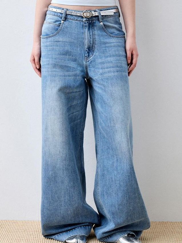Luamoss Lightweight Casual Zip Fly Natural Waist Loose Fit Iceland Blue Wide Leg Jeans