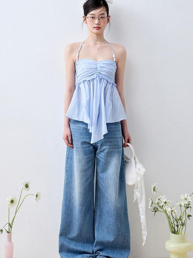 Luamoss Lightweight Casual Zip Fly Natural Waist Loose Fit Iceland Blue Wide Leg Jeans