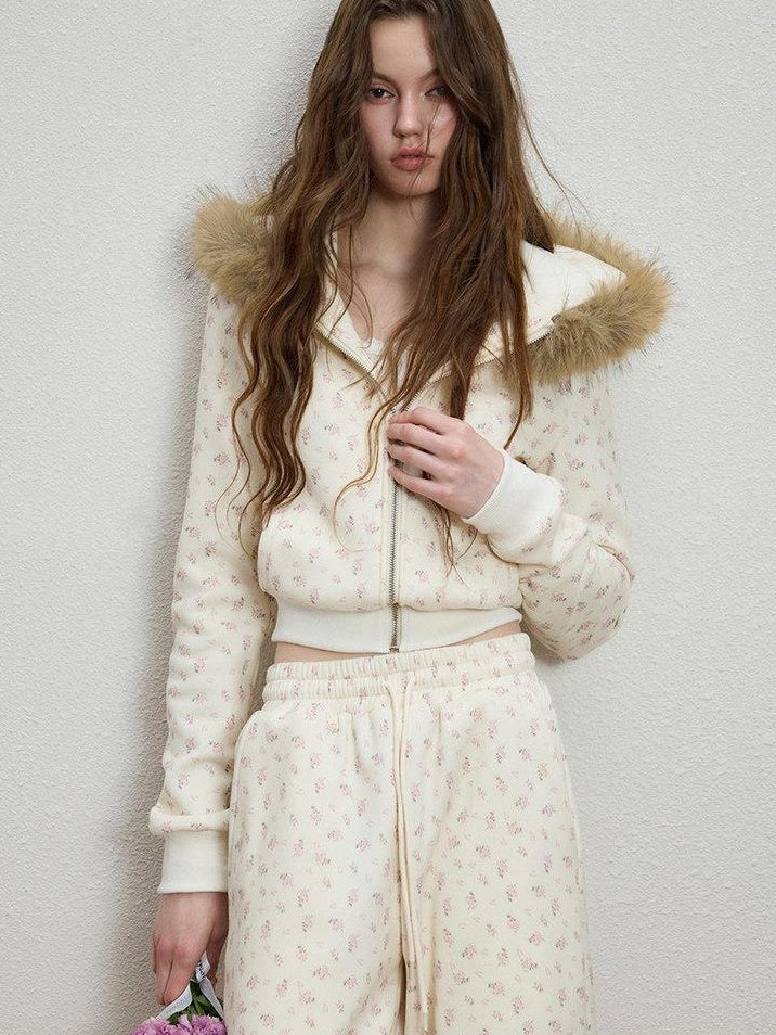Luamoss Lightweight Cotton Floral Zip Crop Cardigan Teen Girls Top & Pants Sets