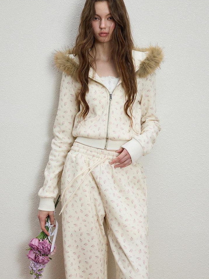Luamoss Lightweight Cotton Floral Zip Crop Cardigan Teen Girls Top & Pants Sets