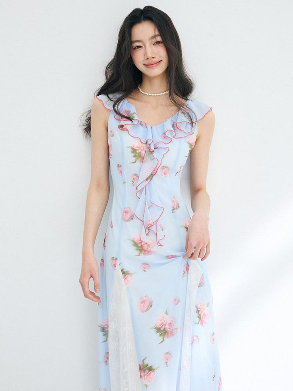 Luamoss Lightweight Flowy Lake Blue Floral V-neck Sleeveless Beach Party Maxi Dresses