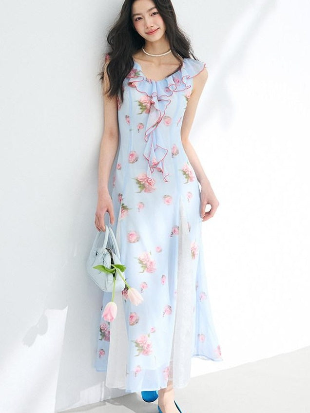 Luamoss Lightweight Flowy Lake Blue Floral V-neck Sleeveless Beach Party Maxi Dresses