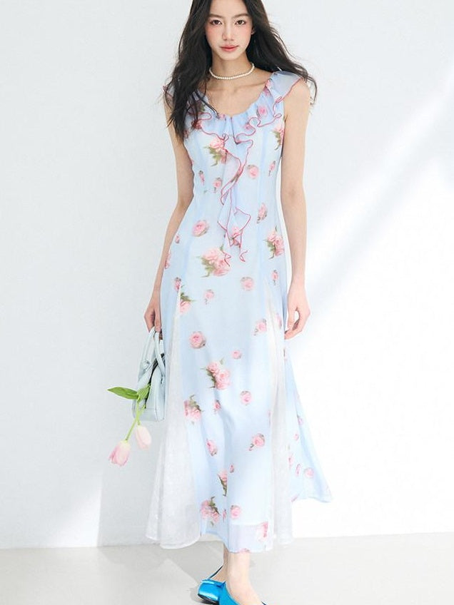 Luamoss Lightweight Flowy Lake Blue Floral V-neck Sleeveless Beach Party Maxi Dresses
