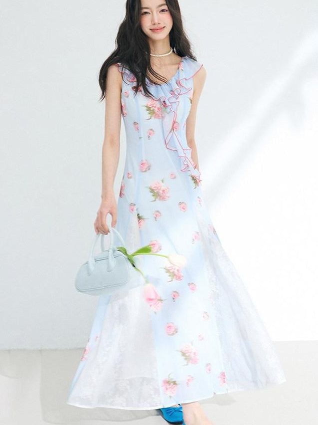 Luamoss Lightweight Flowy Lake Blue Floral V-neck Sleeveless Beach Party Maxi Dresses