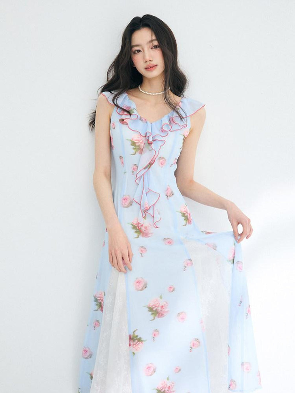 Luamoss Lightweight Flowy Lake Blue Floral V-neck Sleeveless Beach Party Maxi Dresses