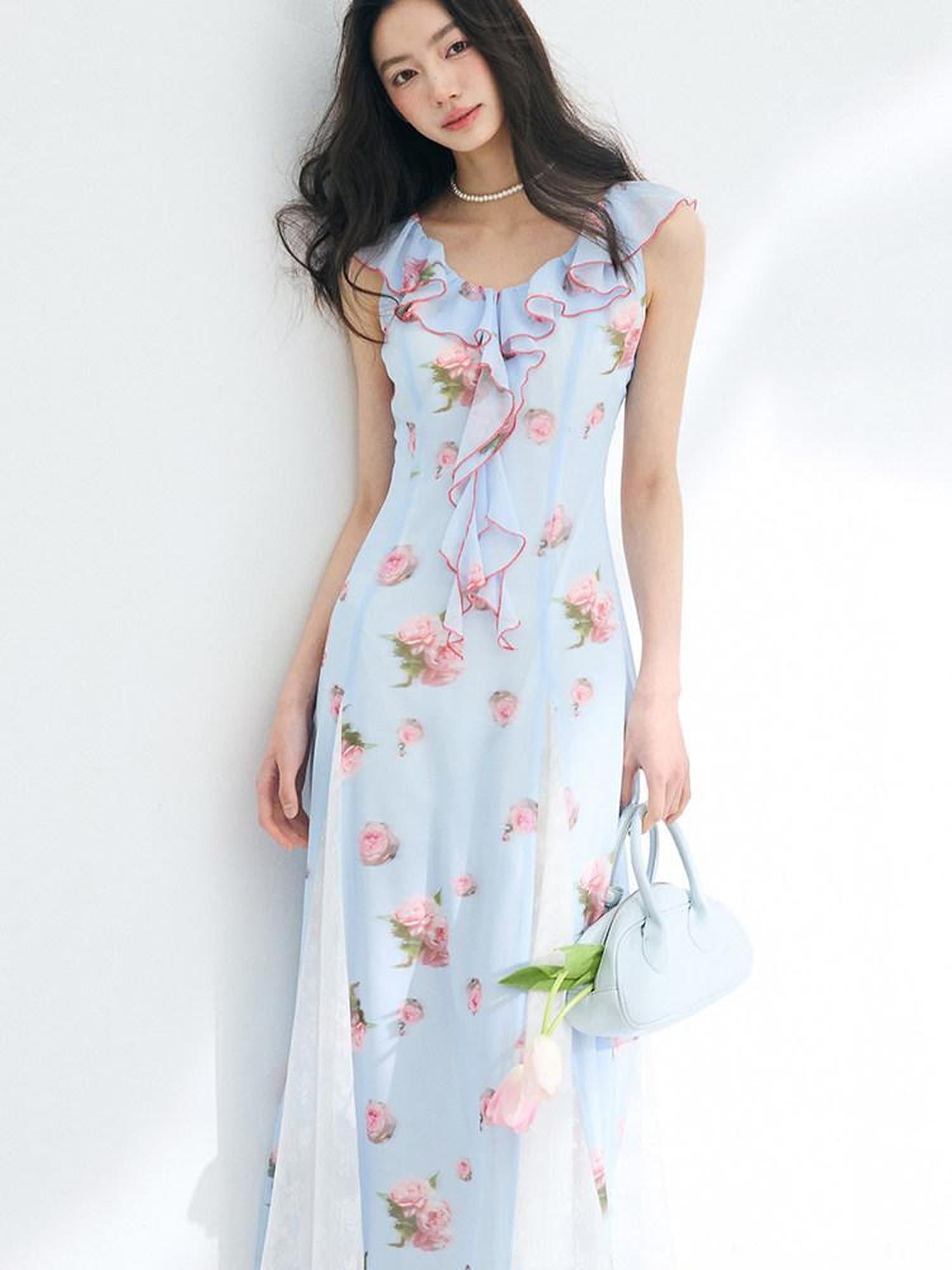 Luamoss Lightweight Flowy Lake Blue Floral V-neck Sleeveless Beach Party Maxi Dresses