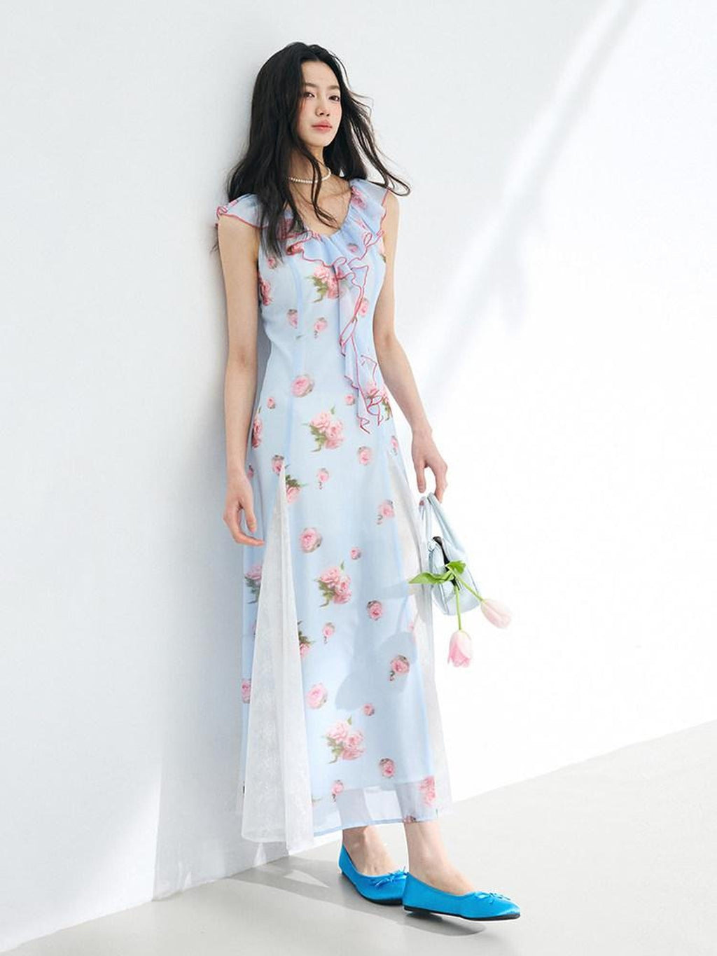 Luamoss Lightweight Flowy Lake Blue Floral V-neck Sleeveless Beach Party Maxi Dresses