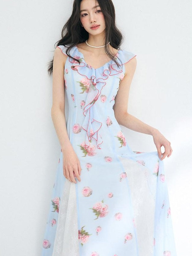 Luamoss Lightweight Flowy Lake Blue Floral V-neck Sleeveless Beach Party Maxi Dresses