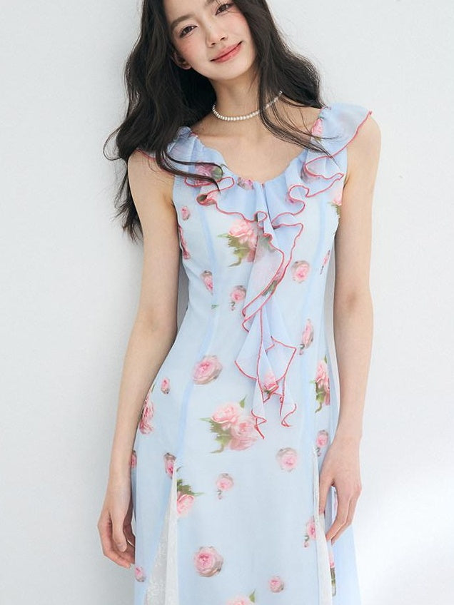 Luamoss Lightweight Flowy Lake Blue Floral V-neck Sleeveless Beach Party Maxi Dresses