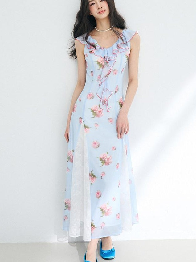 Luamoss Lightweight Flowy Lake Blue Floral V-neck Sleeveless Beach Party Maxi Dresses