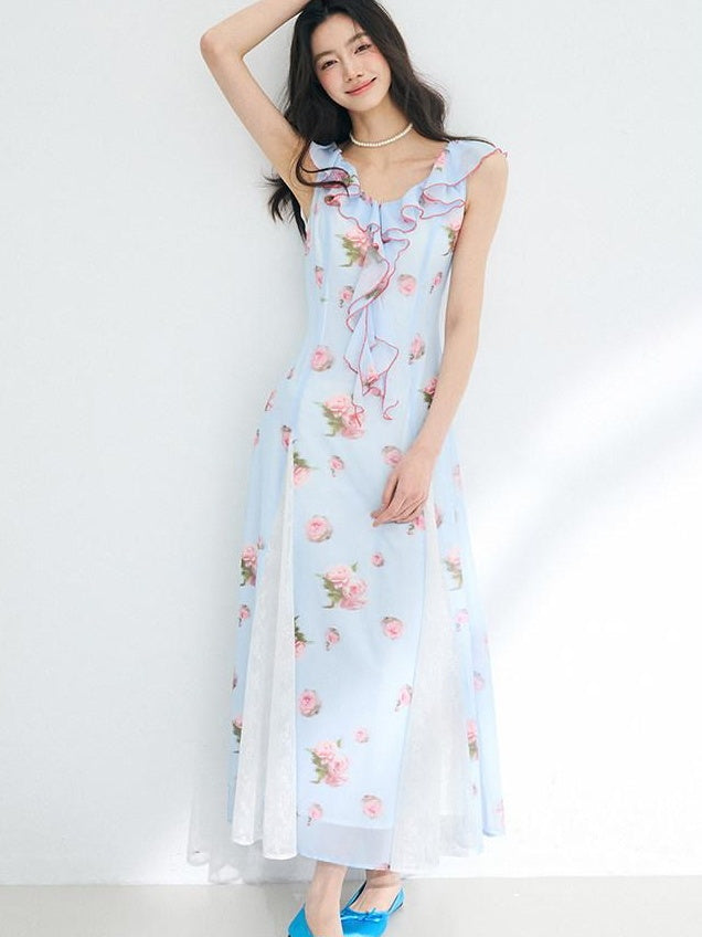 Luamoss Lightweight Flowy Lake Blue Floral V-neck Sleeveless Beach Party Maxi Dresses
