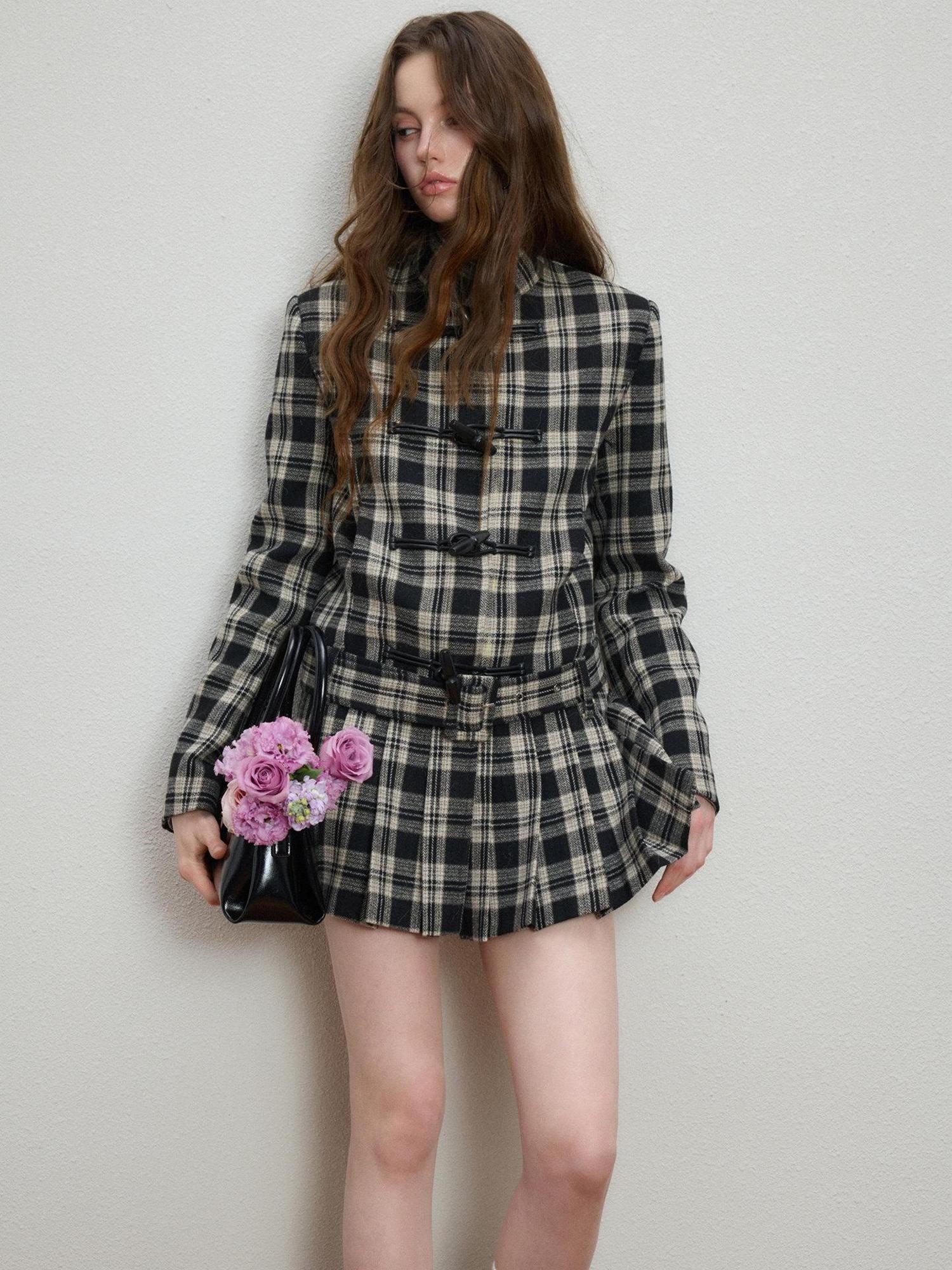 Luamoss Lightweight Plaid Toggle Stand Collar Midlength Commuter Women Wool Coats