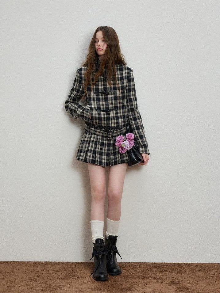 Luamoss Lightweight Plaid Toggle Stand Collar Midlength Commuter Women Wool Coats