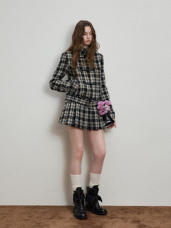 Luamoss Lightweight Plaid Toggle Stand Collar Midlength Commuter Women Wool Coats