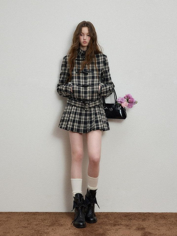 Luamoss Lightweight Plaid Toggle Stand Collar Midlength Commuter Women Wool Coats