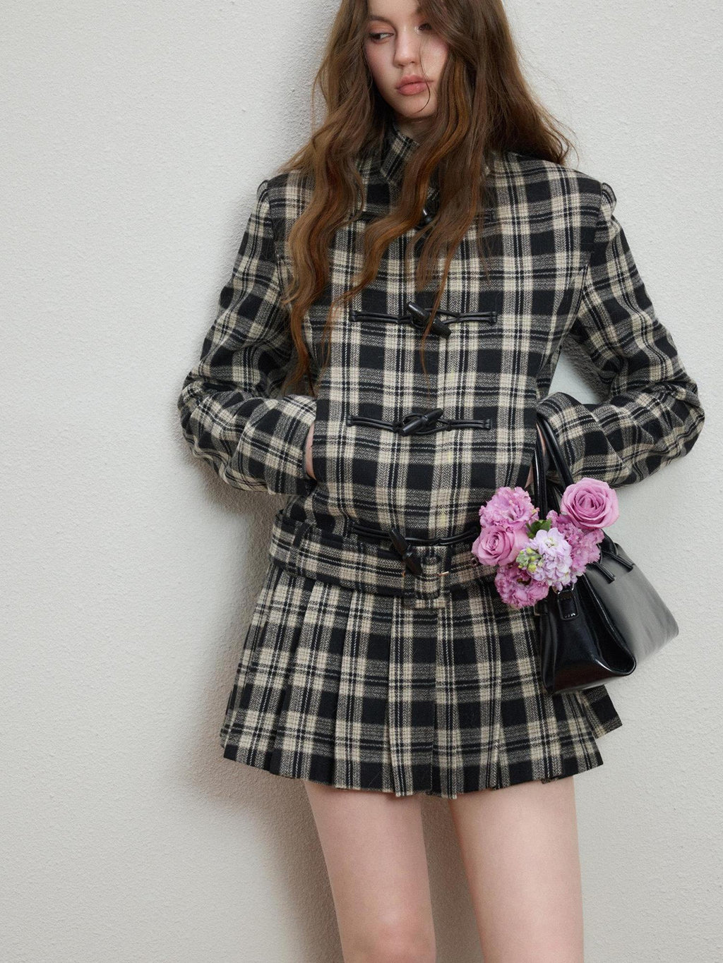 Luamoss Lightweight Plaid Toggle Stand Collar Midlength Commuter Women Wool Coats
