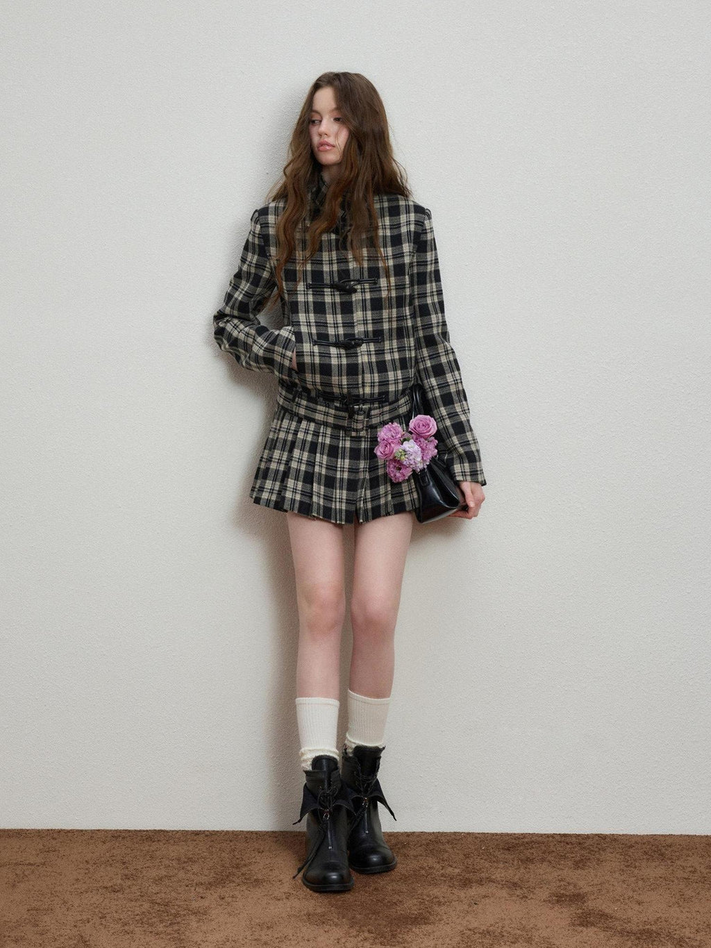 Luamoss Lightweight Plaid Toggle Stand Collar Midlength Commuter Women Wool Coats