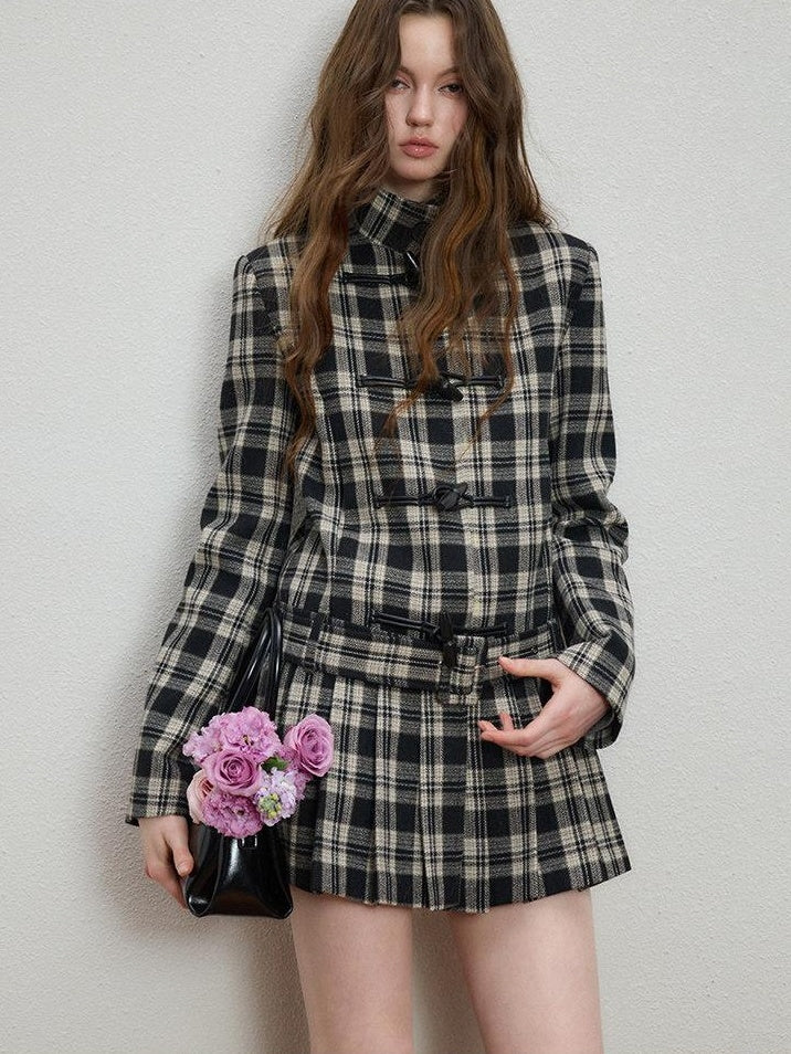 Luamoss Lightweight Plaid Toggle Stand Collar Midlength Commuter Women Wool Coats