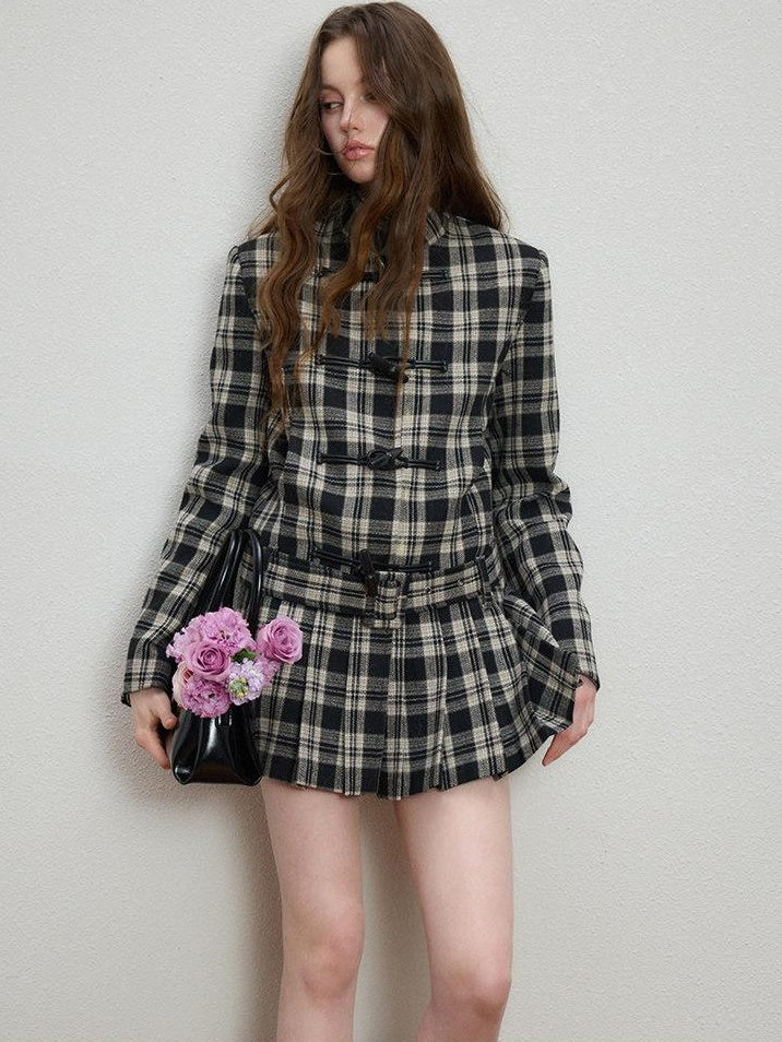 Luamoss Lightweight Plaid Toggle Stand Collar Midlength Commuter Women Wool Coats
