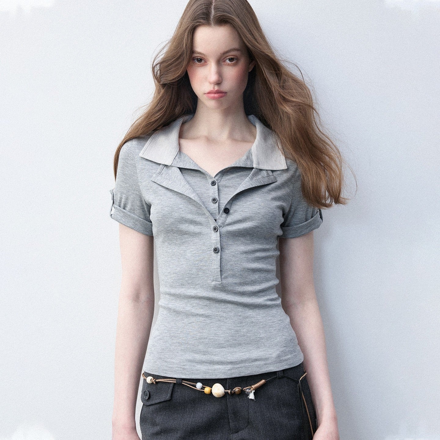 Luamoss_Lyocell_Blend_Stretch_Slim_Fit_Polo_Collar_Short_Sleeve_Gray_Polos_MISSTT