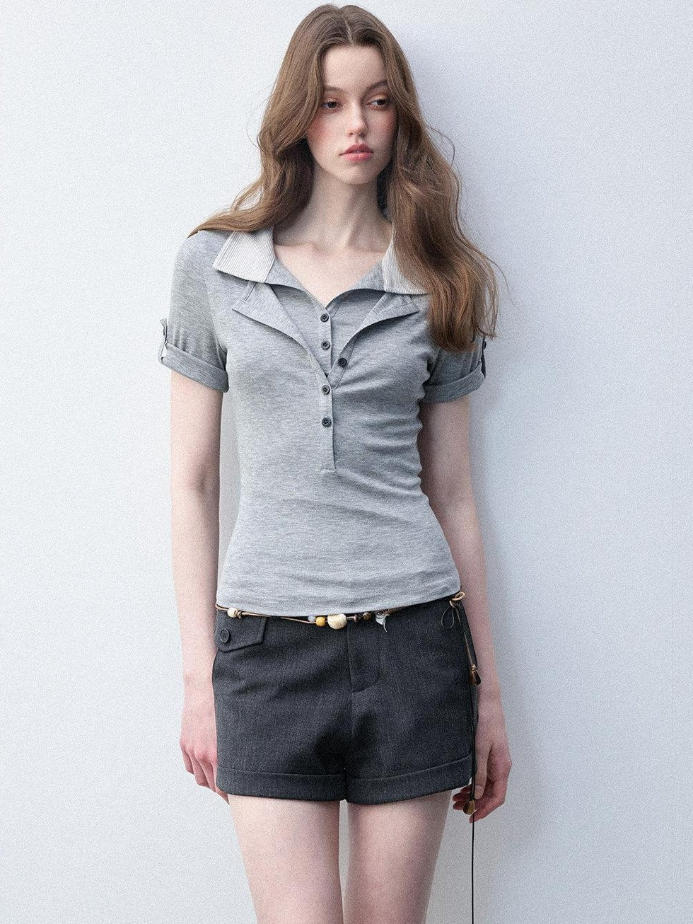 Luamoss Lyocell Blend Stretch Slim Fit Polo Collar Short Sleeve Gray Polos
