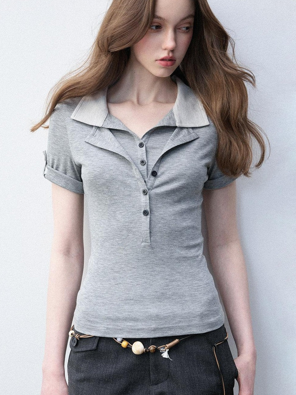 Luamoss Lyocell Blend Stretch Slim Fit Polo Collar Short Sleeve Gray Polos