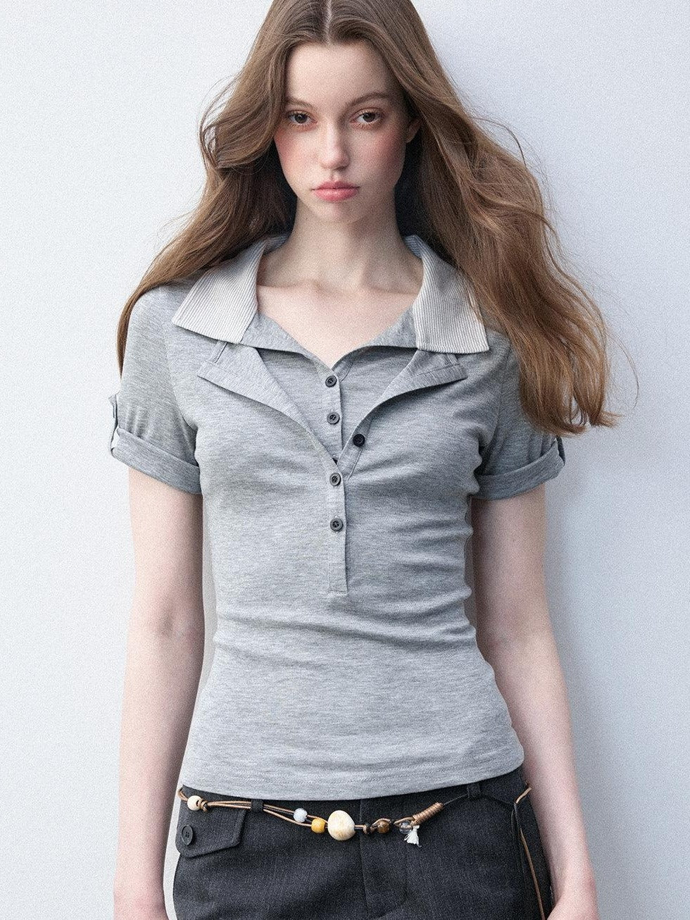 Luamoss Lyocell Blend Stretch Slim Fit Polo Collar Short Sleeve Gray Polos
