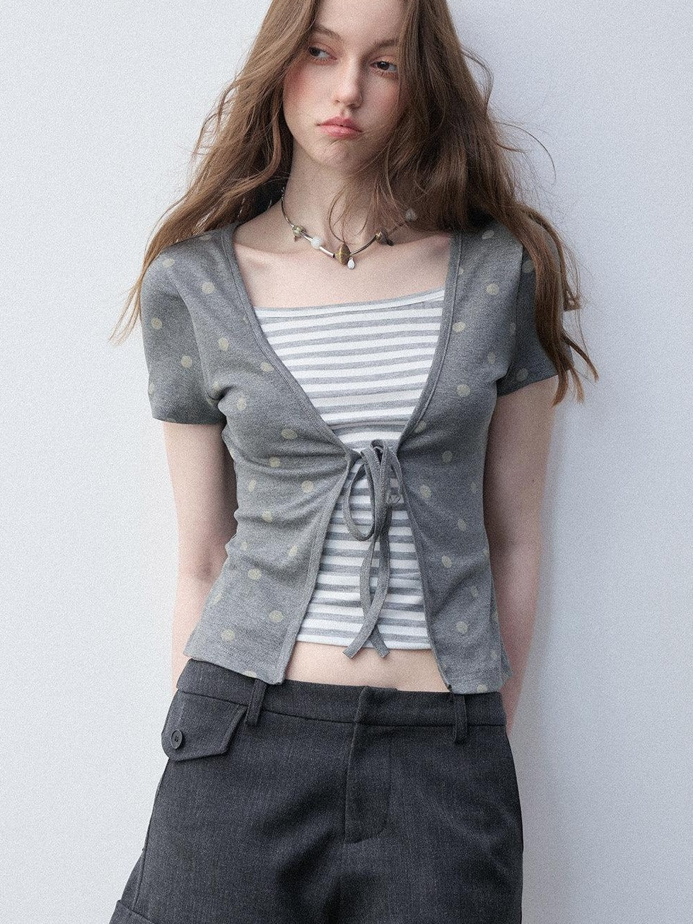 Luamoss Lyocell Slim Fit Faux Layer V-neck Tie Crop Striped Women Short Sleeve T-Shirts