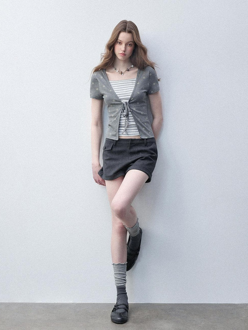 Luamoss Lyocell Slim Fit Faux Layer V-neck Tie Crop Striped Women Short Sleeve T-Shirts