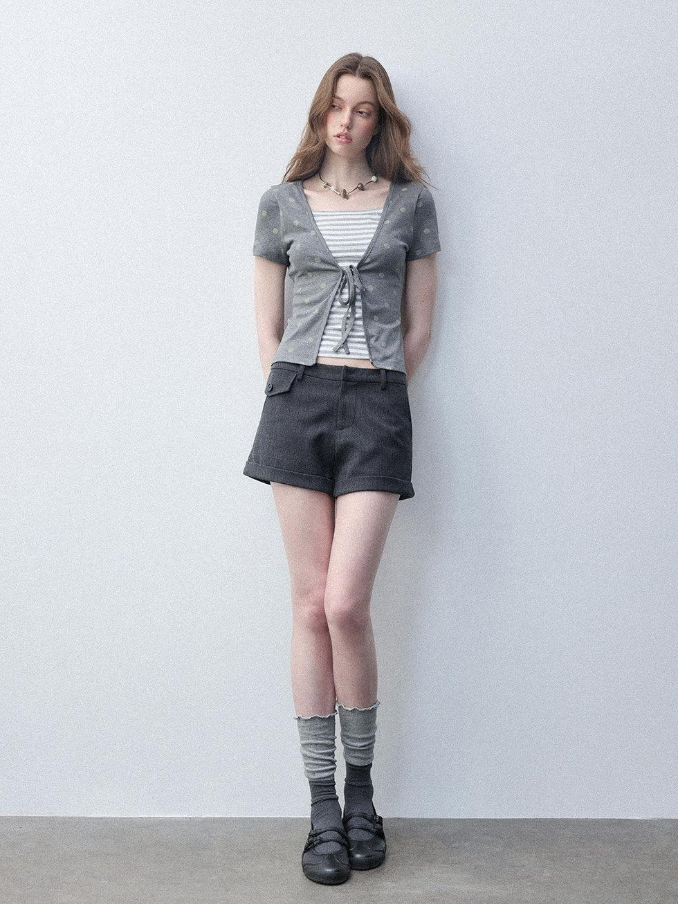 Luamoss Lyocell Slim Fit Faux Layer V-neck Tie Crop Striped Women Short Sleeve T-Shirts