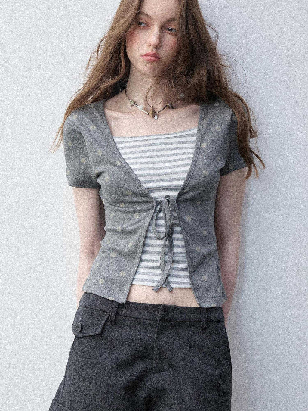 Luamoss Lyocell Slim Fit Faux Layer V-neck Tie Crop Striped Women Short Sleeve T-Shirts