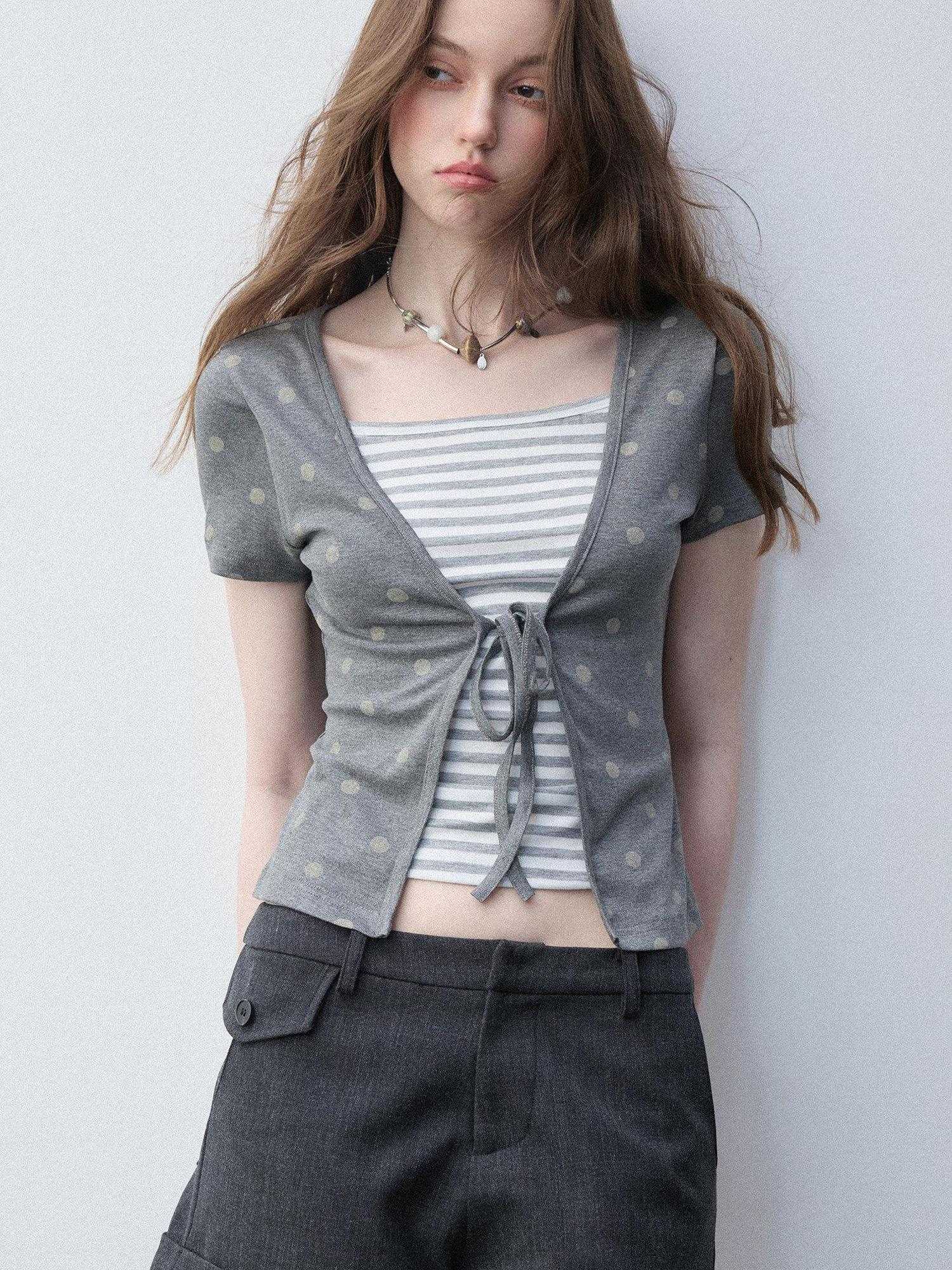 Luamoss Lyocell Slim Fit Faux Layer V-neck Tie Crop Striped Women Short Sleeve T-Shirts