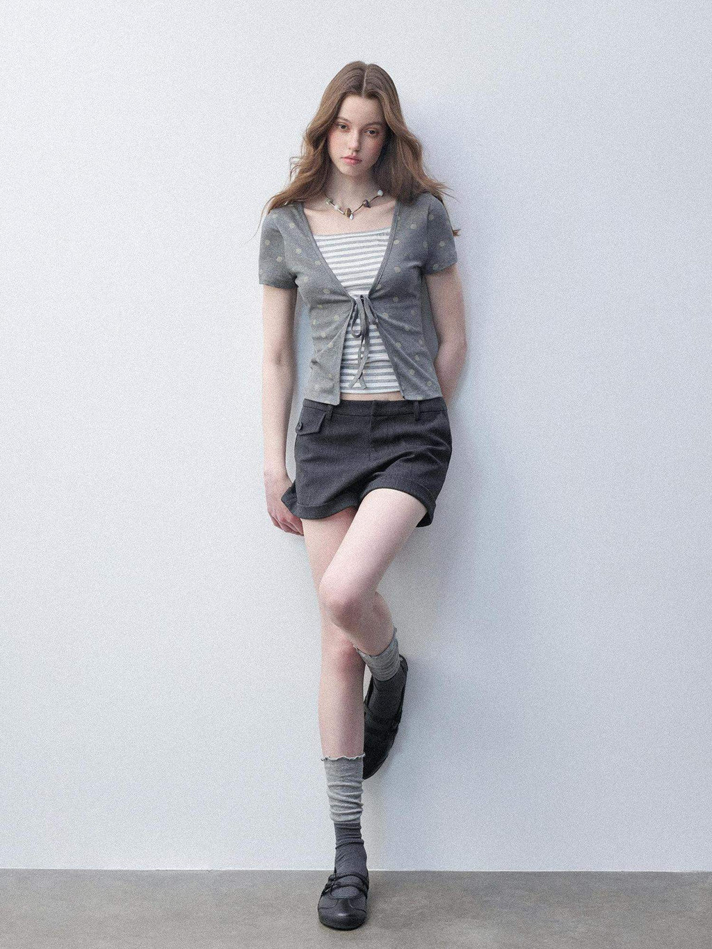 Luamoss Lyocell Slim Fit Faux Layer V-neck Tie Crop Striped Women Short Sleeve T-Shirts