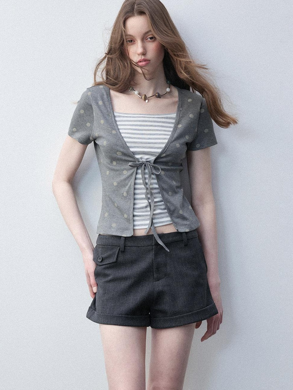 Luamoss Lyocell Slim Fit Faux Layer V-neck Tie Crop Striped Women Short Sleeve T-Shirts