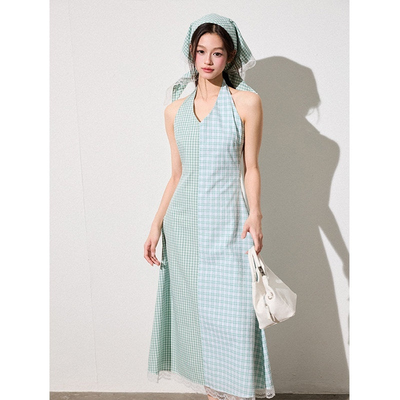 Luamoss_Mint_Green_Cotton_Halter_A_Line_Patchwork_Plaid_Cinched_Waist_Women_Midi_Dresses_MISSTT