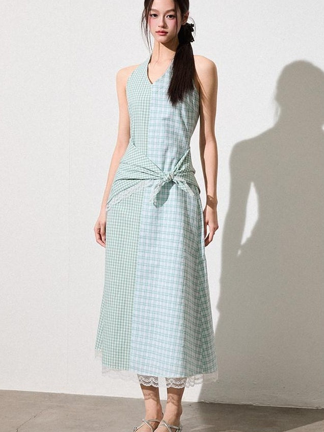 Luamoss Mint Green Cotton Halter A Line Patchwork Plaid Cinched Waist Women Midi Dresses