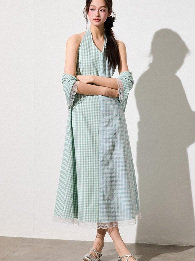 Luamoss Mint Green Cotton Halter A Line Patchwork Plaid Cinched Waist Women Midi Dresses