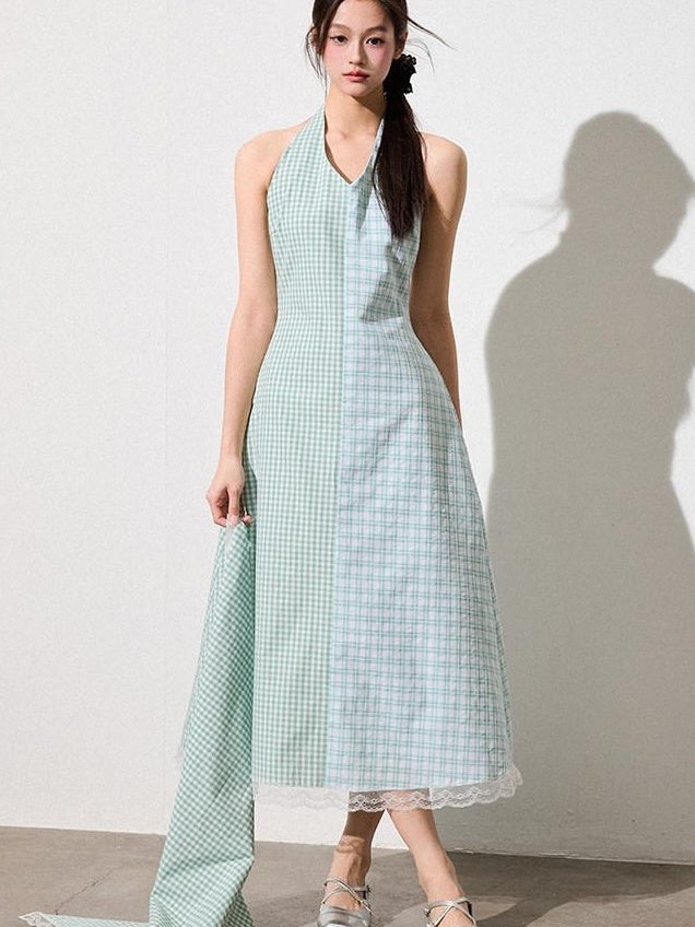 Luamoss Mint Green Cotton Halter A Line Patchwork Plaid Cinched Waist Women Midi Dresses