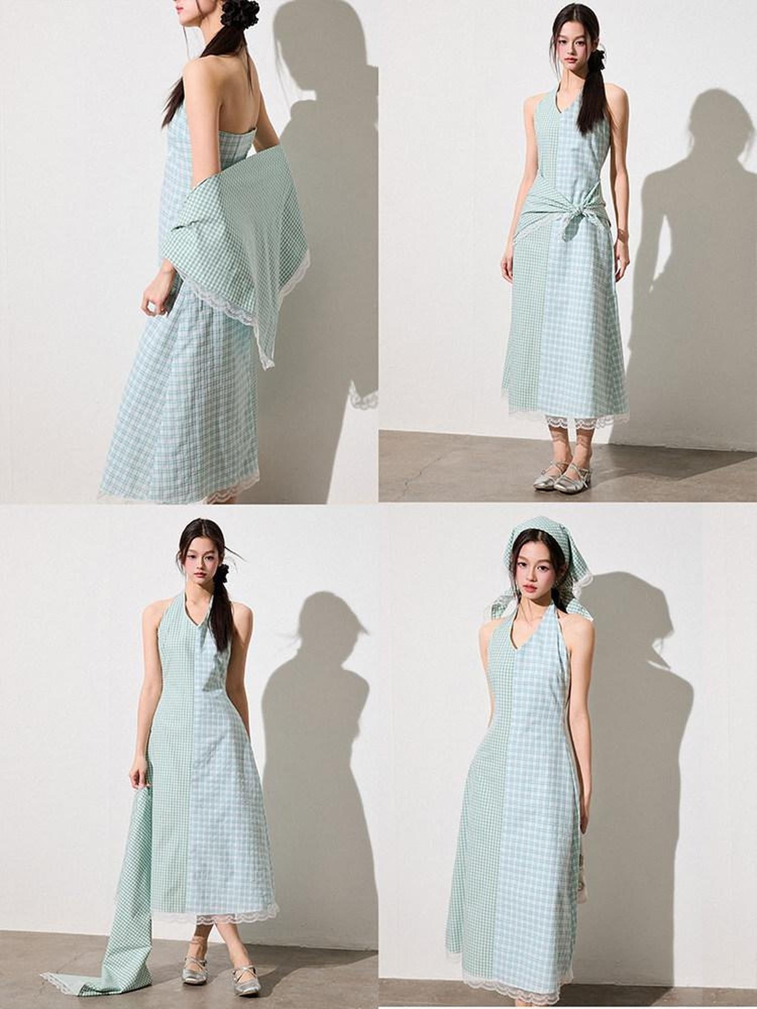Luamoss Mint Green Cotton Halter A Line Patchwork Plaid Cinched Waist Women Midi Dresses