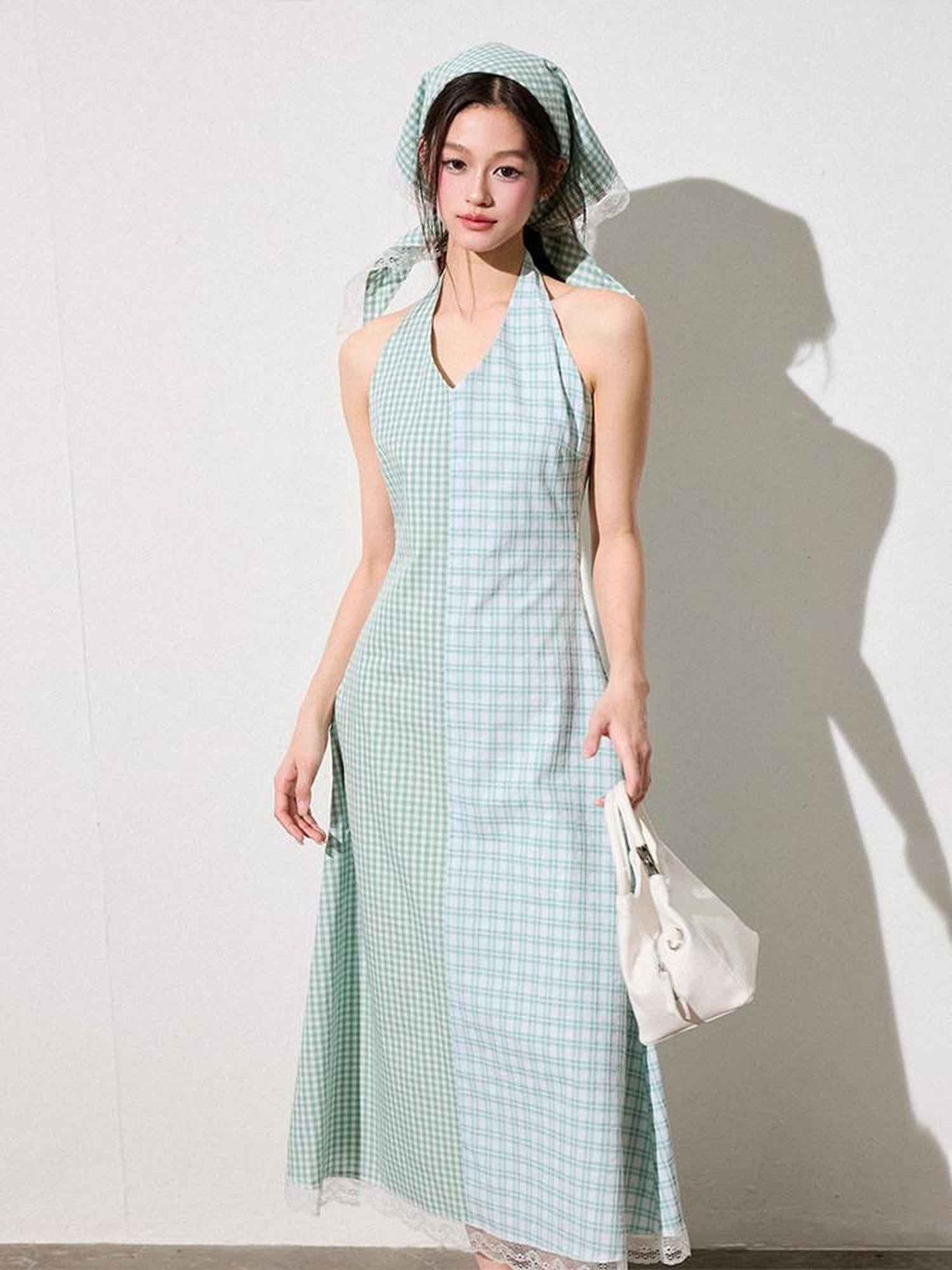Luamoss Mint Green Cotton Halter A Line Patchwork Plaid Cinched Waist Women Midi Dresses
