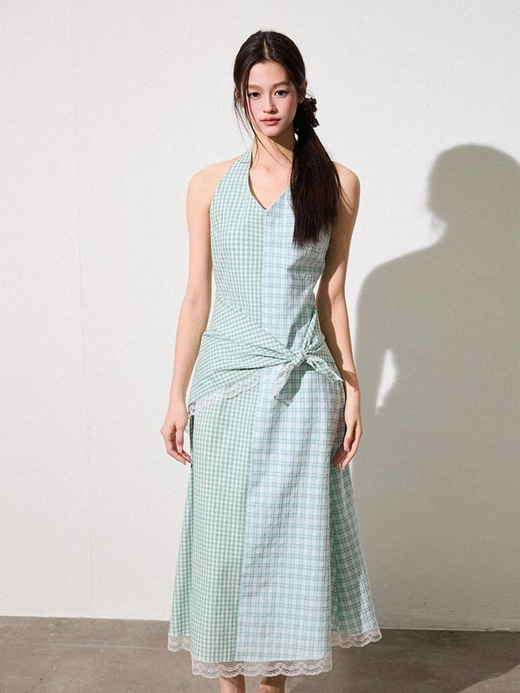 Luamoss Mint Green Cotton Halter A Line Patchwork Plaid Cinched Waist Women Midi Dresses