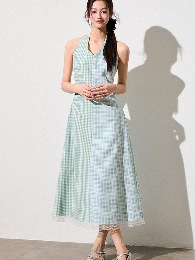 Luamoss Mint Green Cotton Halter A Line Patchwork Plaid Cinched Waist Women Midi Dresses