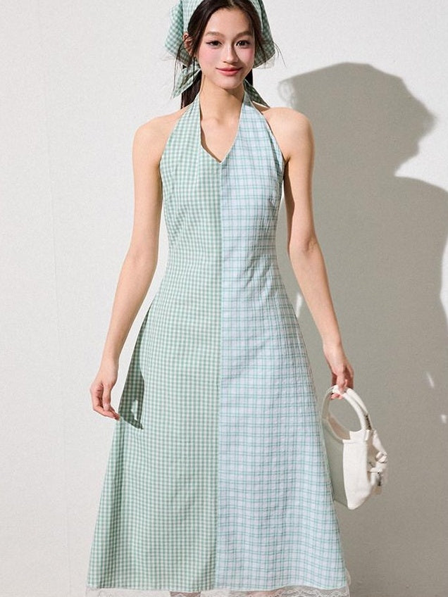 Luamoss Mint Green Cotton Halter A Line Patchwork Plaid Cinched Waist Women Midi Dresses