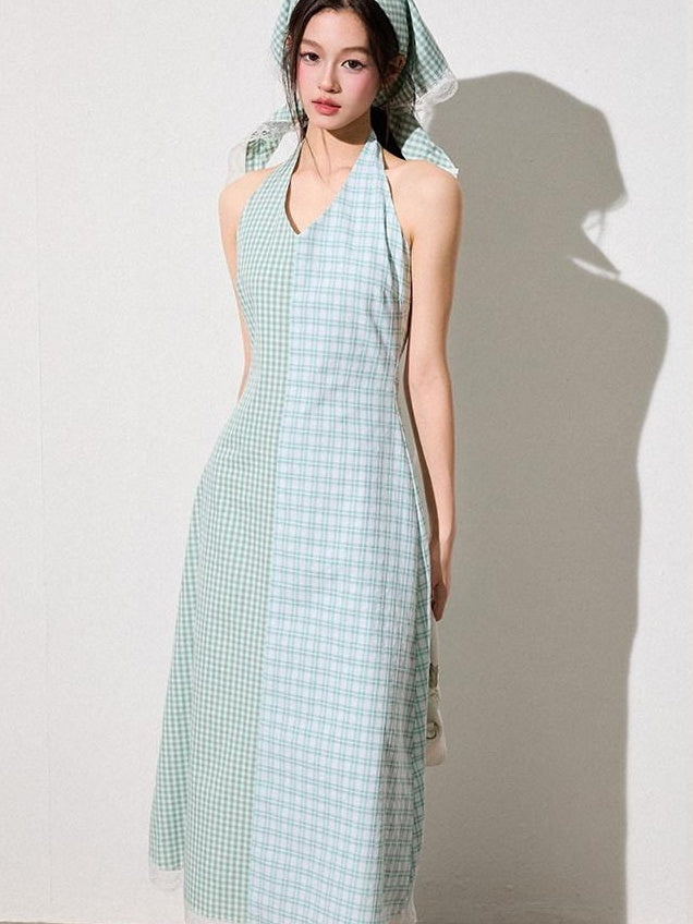 Luamoss Mint Green Cotton Halter A Line Patchwork Plaid Cinched Waist Women Midi Dresses