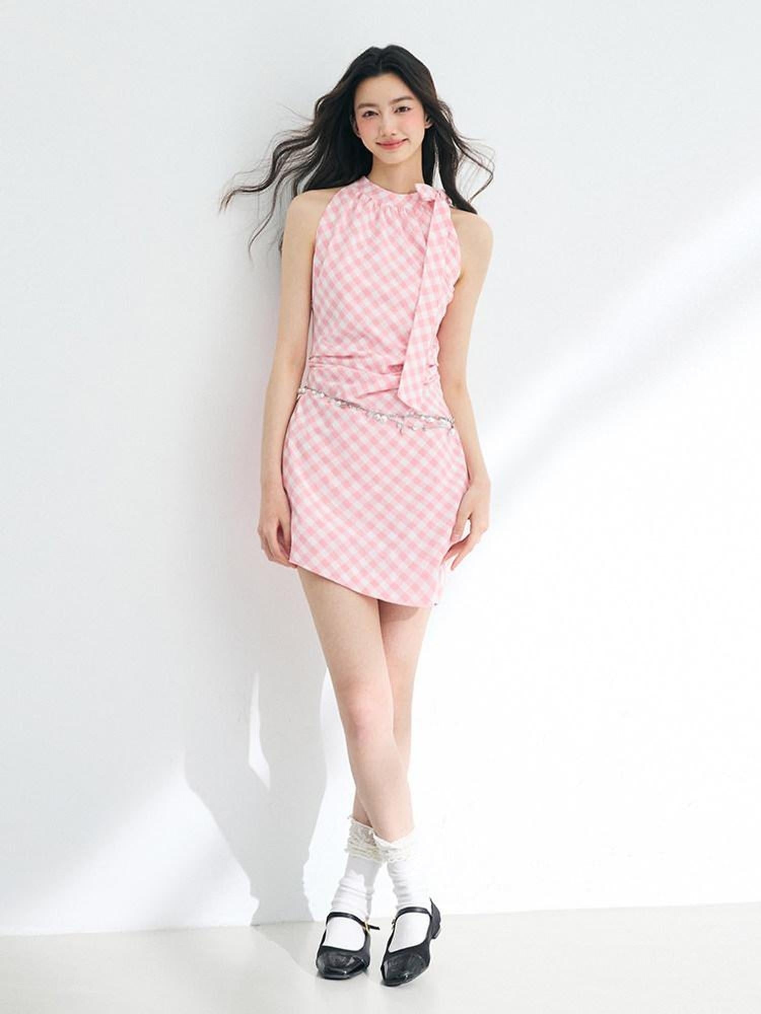 Luamoss Pure Cotton Bow Tie Neck Plaid Waist Cinched S Line Elegant Mini Dresses