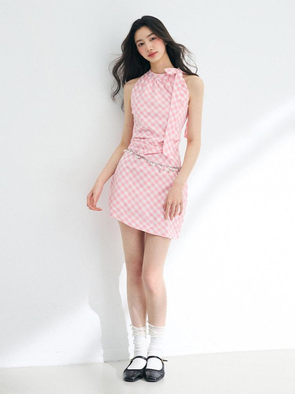 Luamoss Pure Cotton Bow Tie Neck Plaid Waist Cinched S Line Elegant Mini Dresses