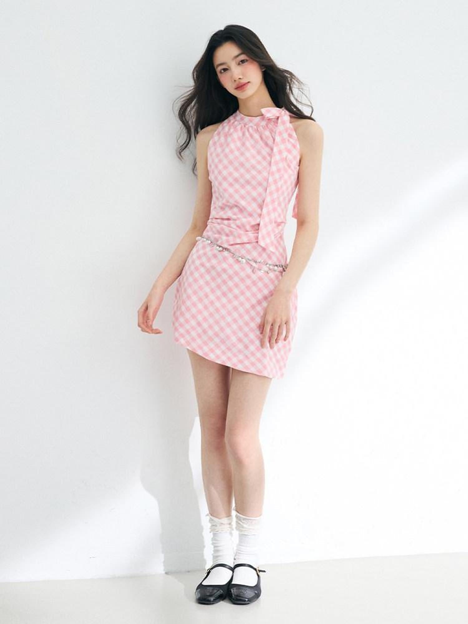 Luamoss Pure Cotton Bow Tie Neck Plaid Waist Cinched S Line Elegant Mini Dresses