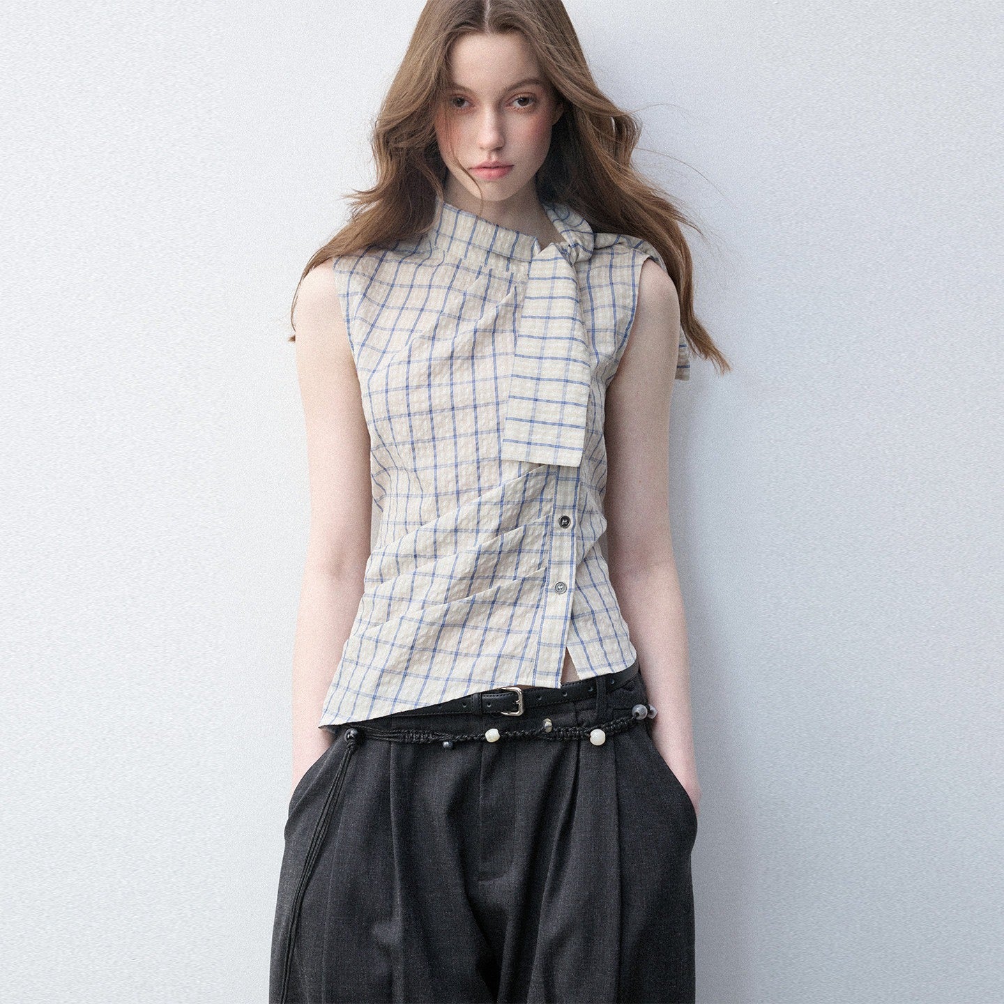 Luamoss_Pure_Cotton_Plaid_Halter_Tie_Women_Regular_Fit_Single_Button_Shirts_MISSTT